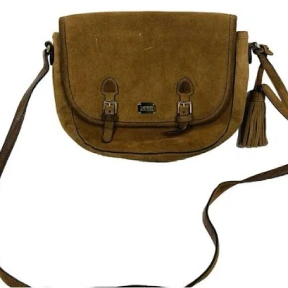 🛍️Lauren Ralph Anaville nutmeg leather suede saddle 💼 bag 🎀Purse - Picture 2 of 14